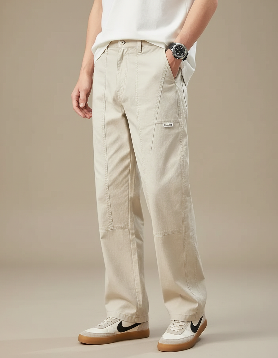 Pantalon Beige Coton Droit Décontracté Homme - Toile
