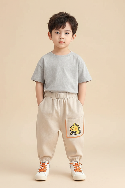 Pantalon Beige Coton Ample Motif Dinosaure Enfant