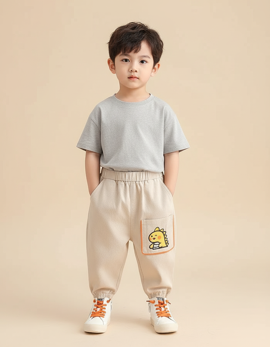 Pantalon Beige Coton Ample Motif Dinosaure Enfant