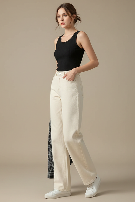 Pantalon Beige Large Taille Haute Décontracté Femme - Gabardine