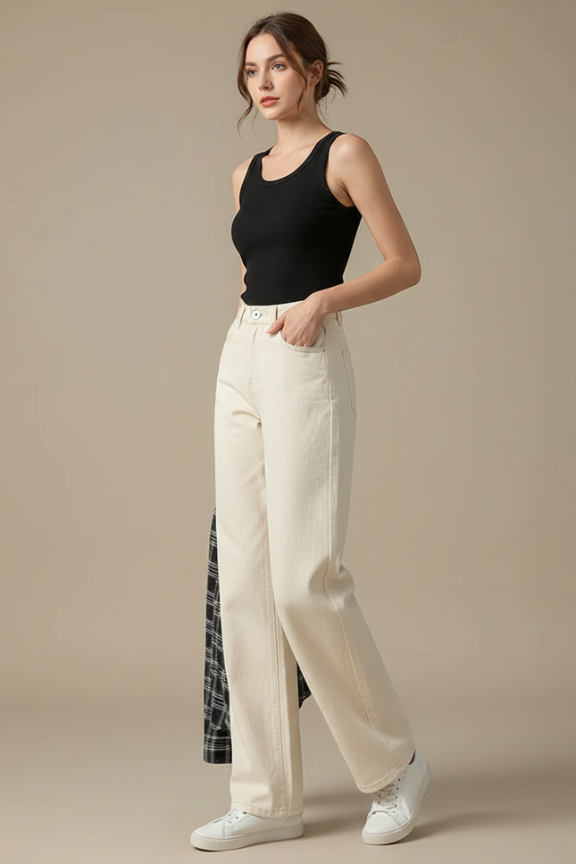 Pantalon Beige Large Taille Haute Décontracté Femme - Gabardine