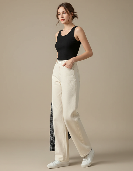 Pantalon Beige Large Taille Haute Décontracté Femme - Gabardine