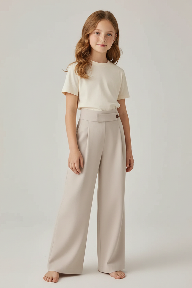 Pantalon Beige Plissé Droit Fluide Élégant Décontracté - Polyester