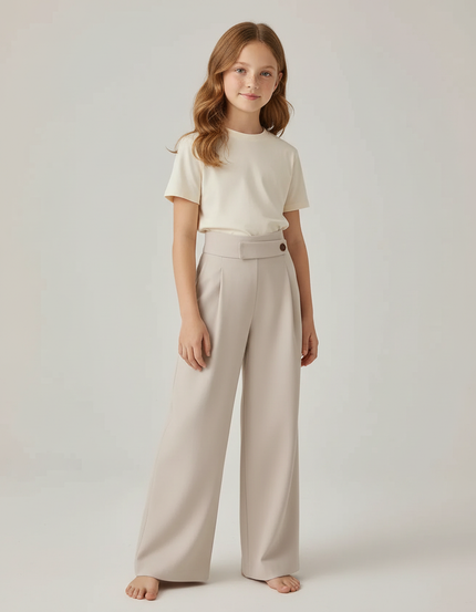 Pantalon Beige Plissé Droit Fluide Élégant Décontracté - Polyester