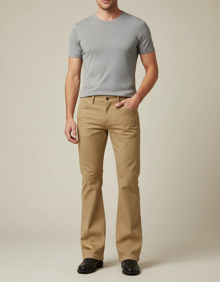 Pantalon Beige Élastique Homme Coupe Évasée Rétro - Coton