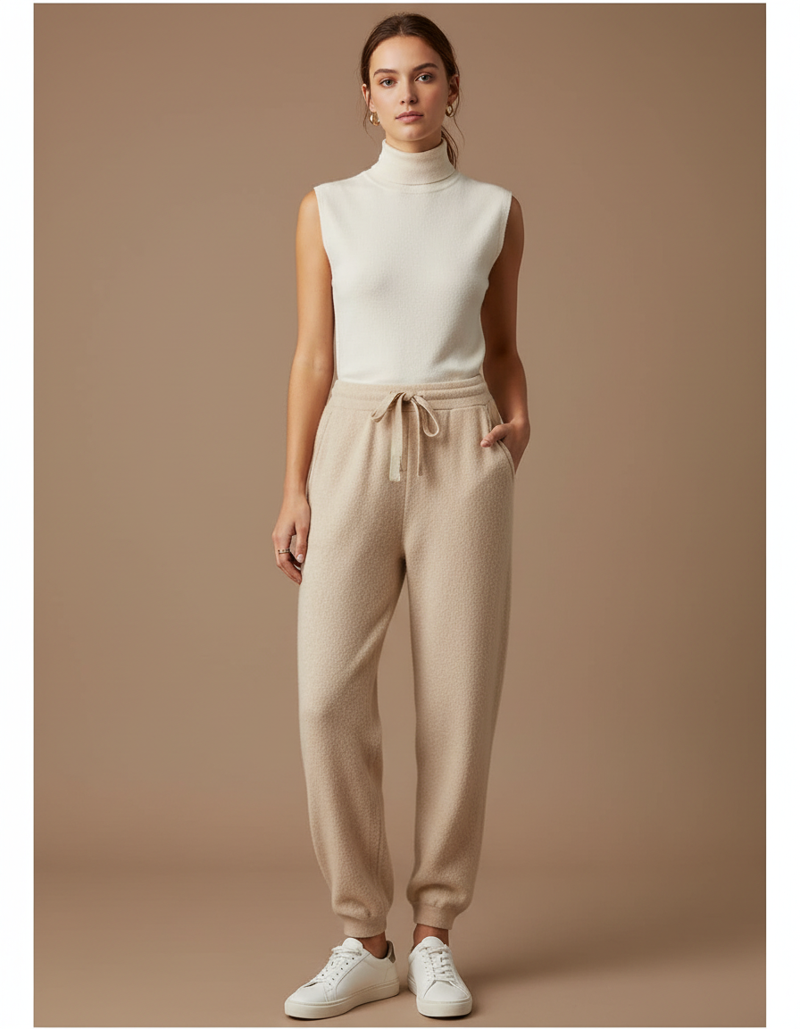 Pantalon Beige Laine Doux Confortable Décontracté Jogging