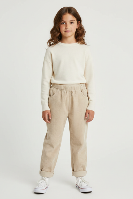 Pantalon Beige Côtelé Ample Décontracté Enfant Fille - Cordé