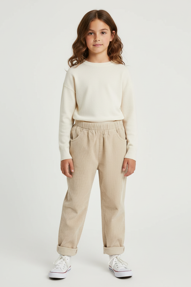 Pantalon Beige Côtelé Ample Décontracté Enfant Fille - Cordé