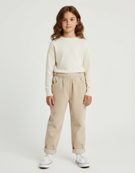 Pantalon Beige Côtelé Ample Décontracté Enfant Fille - Cordé