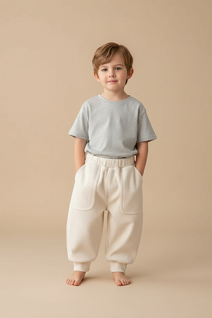 Pantalon Beige Côtelé Ample Doux Élastique Enfant - Cordé