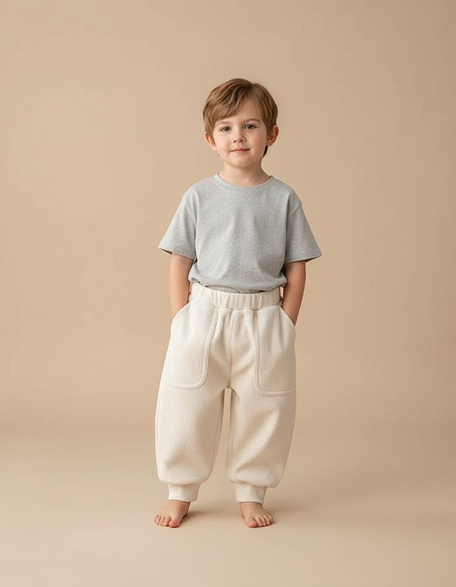 Pantalon Beige Côtelé Ample Doux Élastique Enfant - Cordé