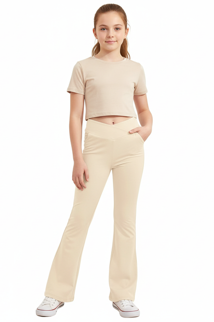 Pantalon Beige Fille Évasé Taille Haute Confortable - Polyester