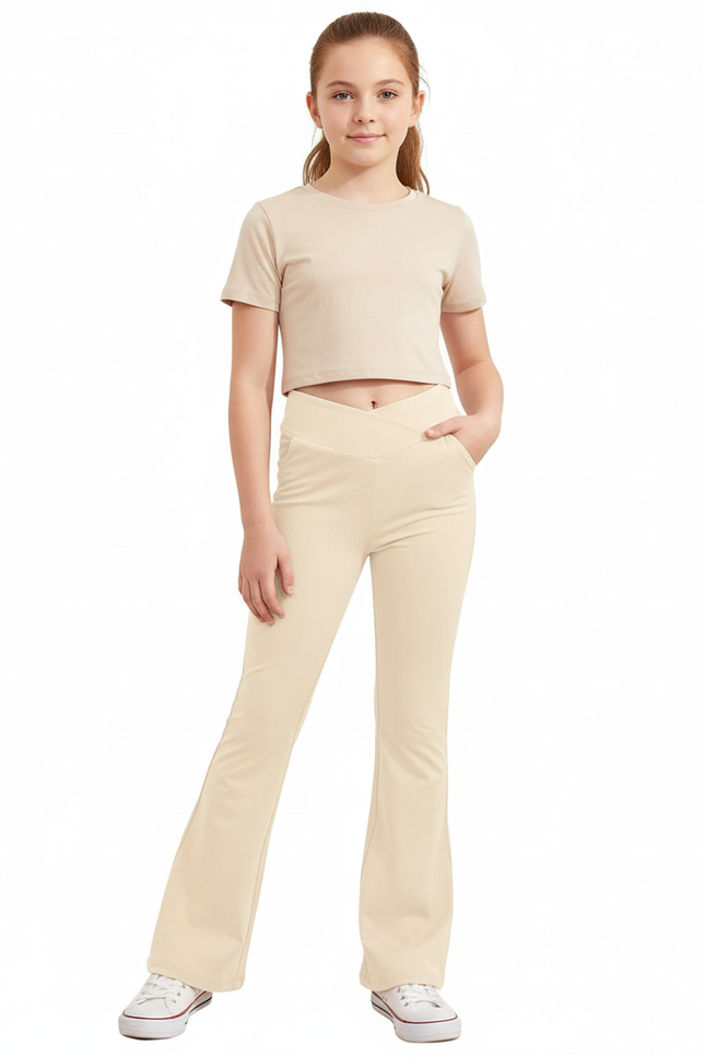 Pantalon Beige Fille Évasé Taille Haute Confortable - Polyester
