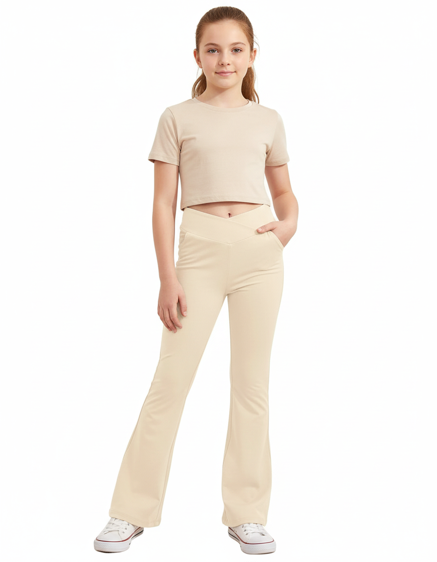 Pantalon Beige Fille Évasé Taille Haute Confortable - Polyester