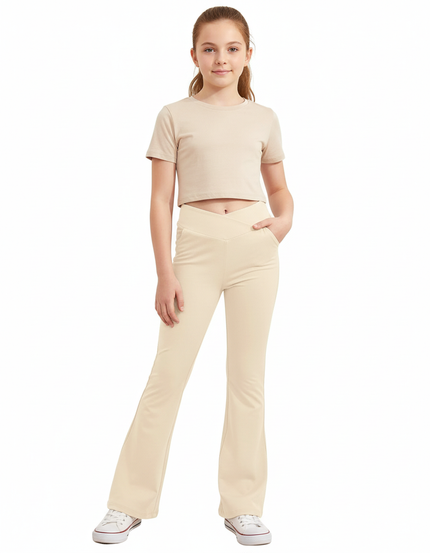 Pantalon Beige Fille Évasé Taille Haute Confortable - Polyester