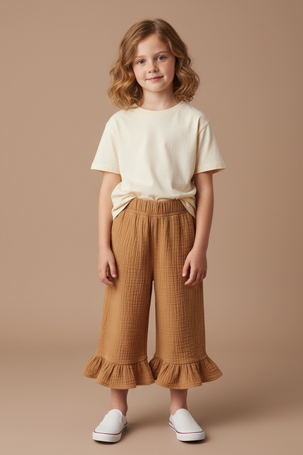 Pantalon Beige Ample Gaze De Coton Volanté Enfant - Camel