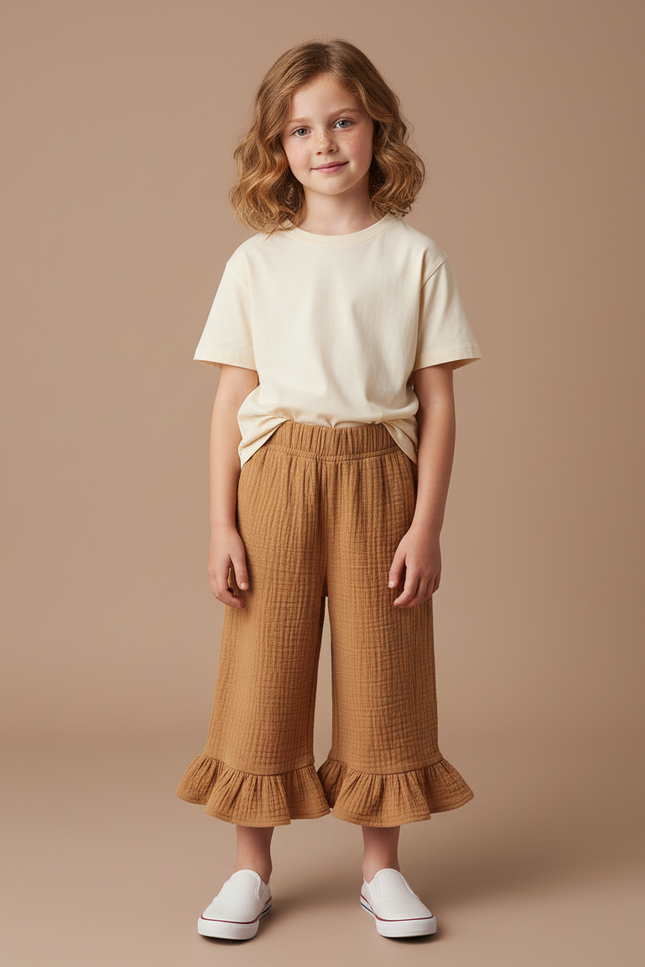 Pantalon Beige Ample Gaze De Coton Volanté Enfant - Camel