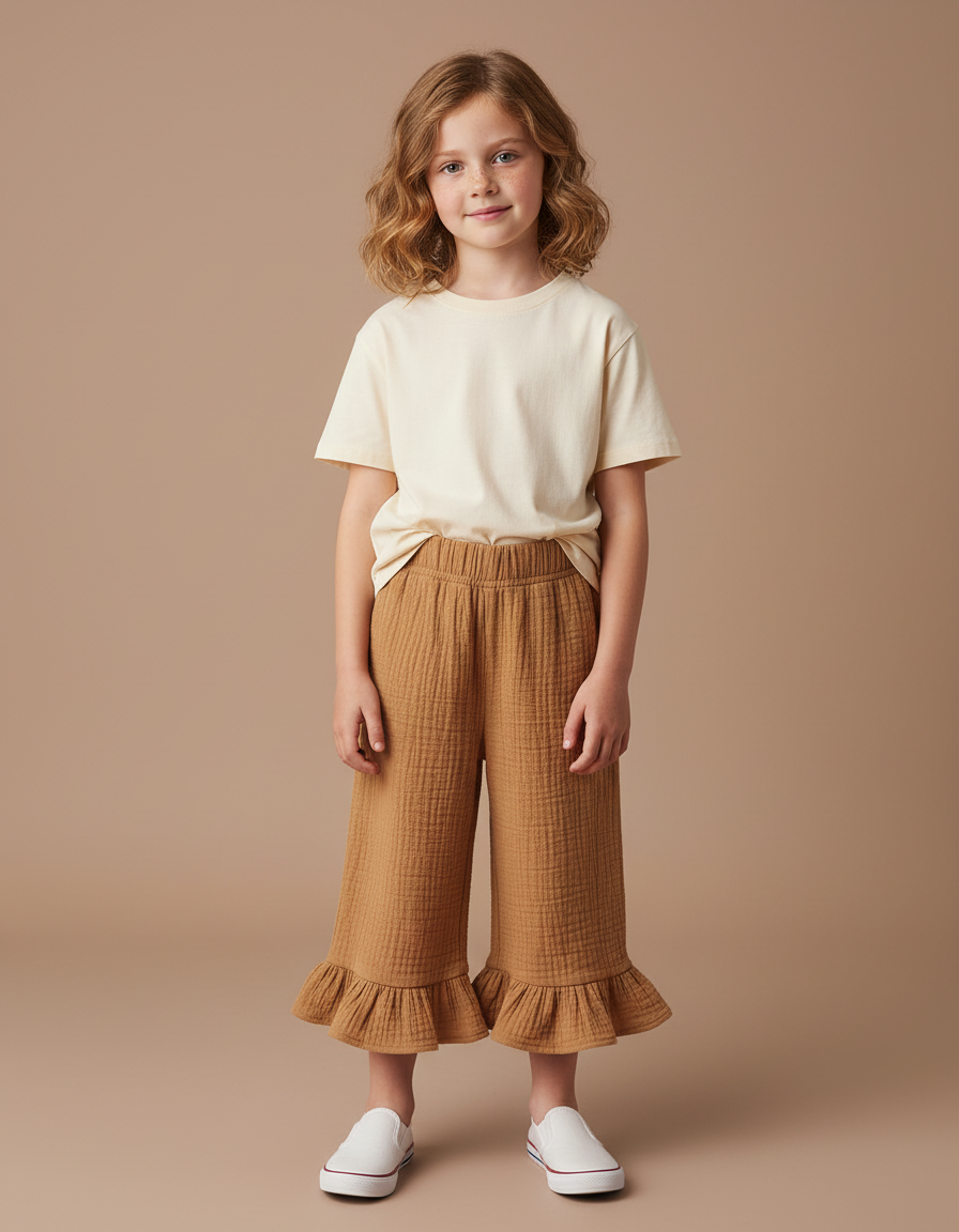 Pantalon Beige Ample Gaze De Coton Volanté Enfant - Camel