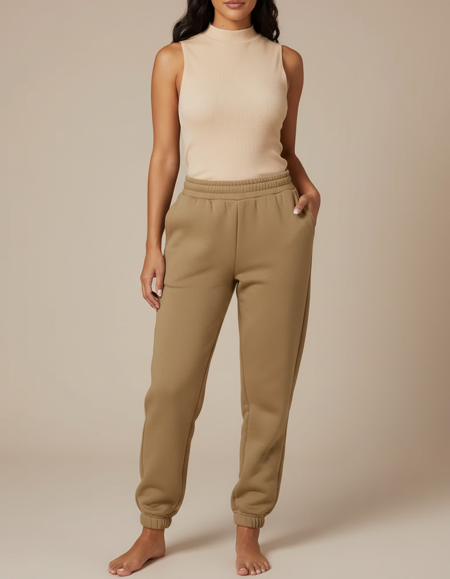 Pantalon Beige Molletonné Confortable Décontracté Femme - Kaki