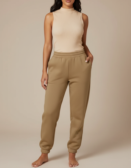 Pantalon Beige Molletonné Confortable Décontracté Femme - Kaki