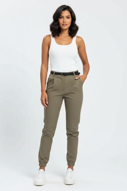 Pantalon Beige Femme Taille Haute Jogger Ceinturé Élégant - Kaki Polyester