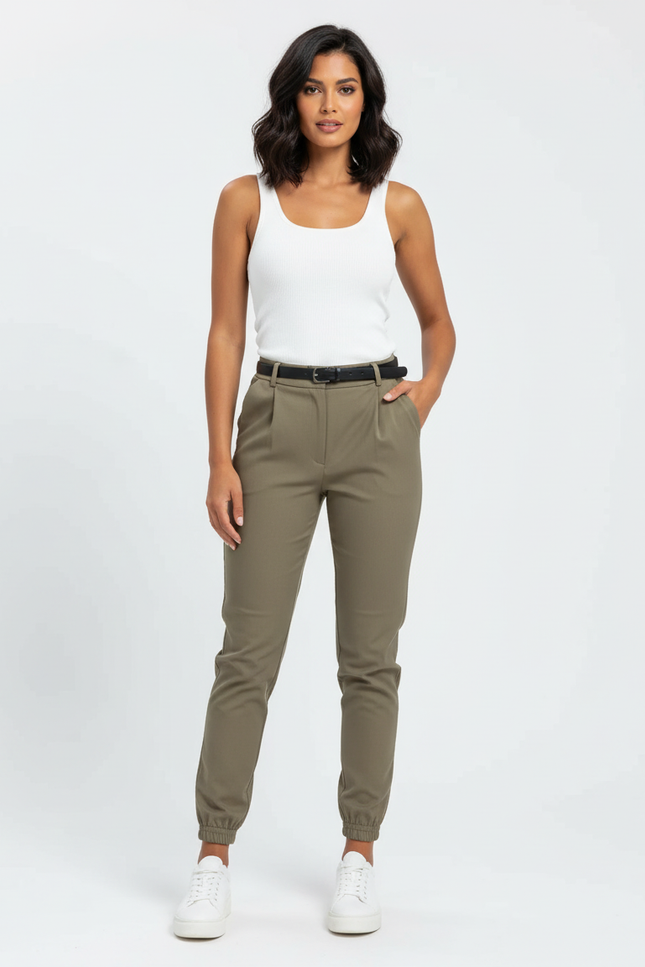 Pantalon Beige Femme Taille Haute Jogger Ceinturé Élégant - Kaki Polyester