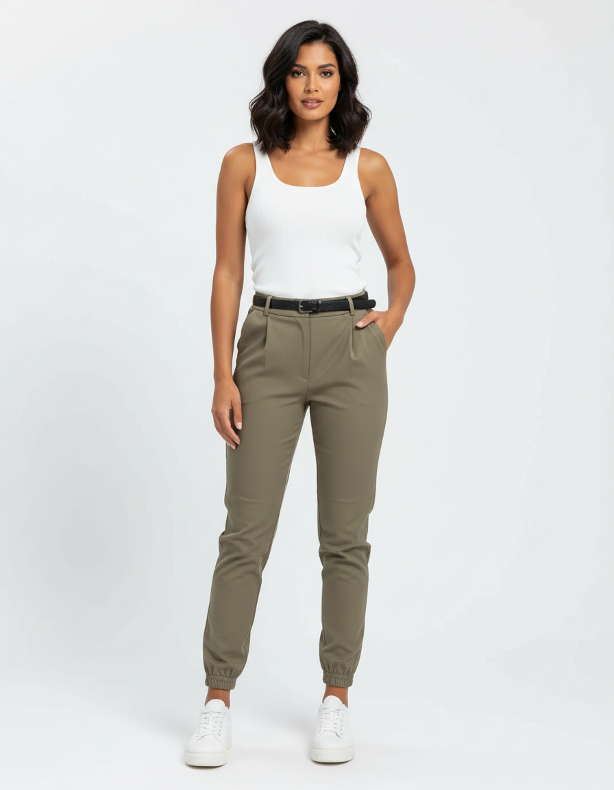 Pantalon Beige Femme Taille Haute Jogger Ceinturé Élégant - Kaki Polyester