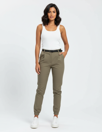 Pantalon Beige Femme Taille Haute Jogger Ceinturé Élégant - Kaki Polyester