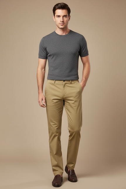 Pantalon Beige Homme Coton Droit Classique Stretch