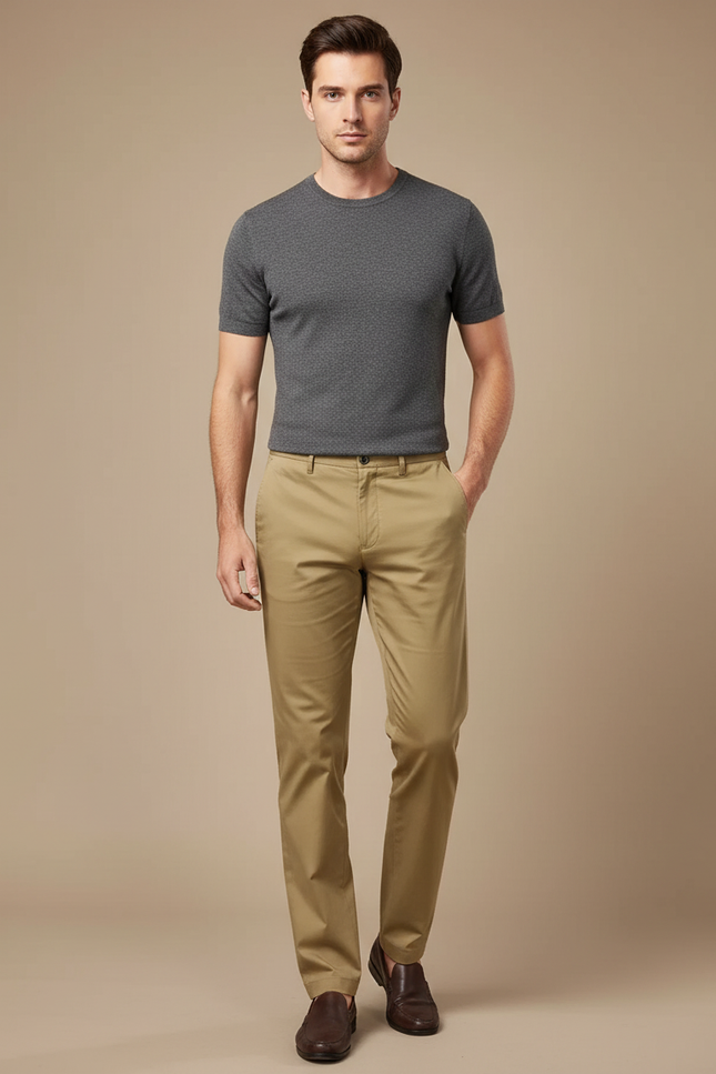 Pantalon Beige Homme Coton Droit Classique Stretch