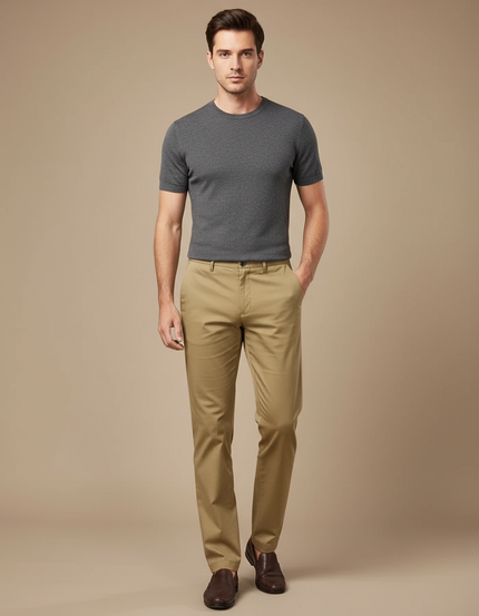 Pantalon Beige Homme Coton Droit Classique Stretch