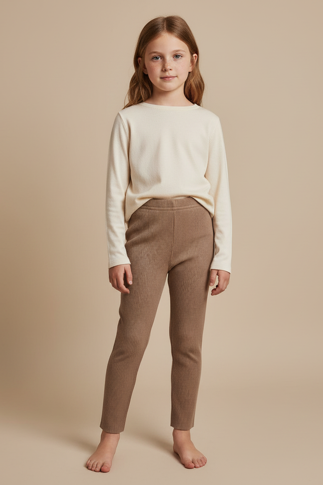 Pantalon Beige Côtelé Tricoté Élastique Confortable Fille - Maille