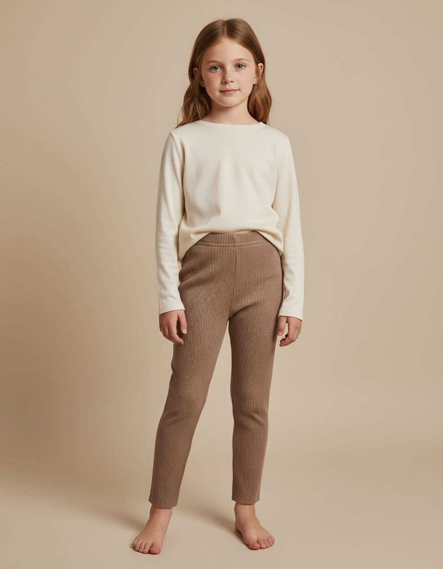 Pantalon Beige Côtelé Tricoté Élastique Confortable Fille - Maille