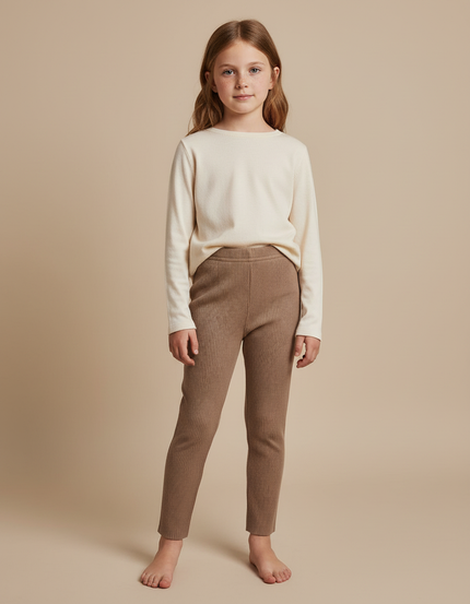 Pantalon Beige Côtelé Tricoté Élastique Confortable Fille - Maille