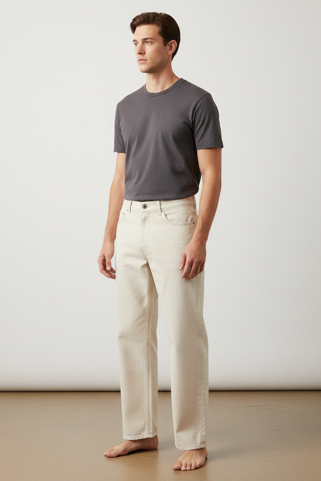 Pantalon Beige Coton Brut Coupe Droite Décontracté Homme - Jean