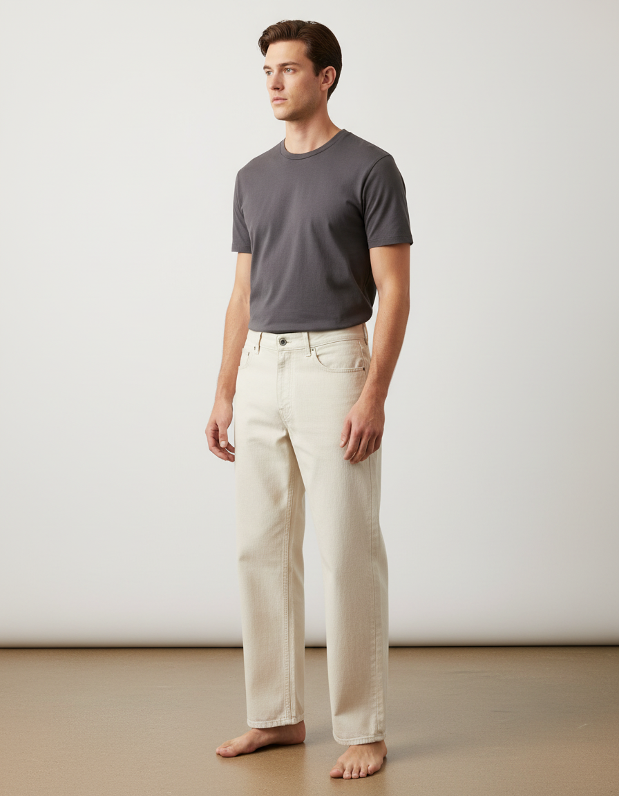 Pantalon Beige Coton Brut Coupe Droite Décontracté Homme - Jean
