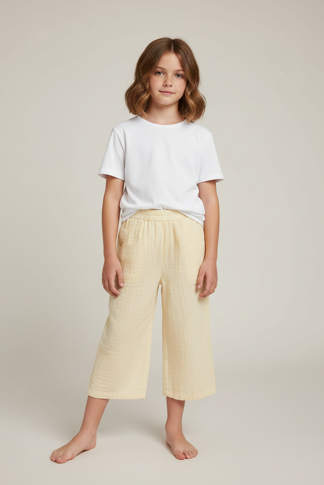 Pantalon Beige Coton Ample Enfant Court - Jaune