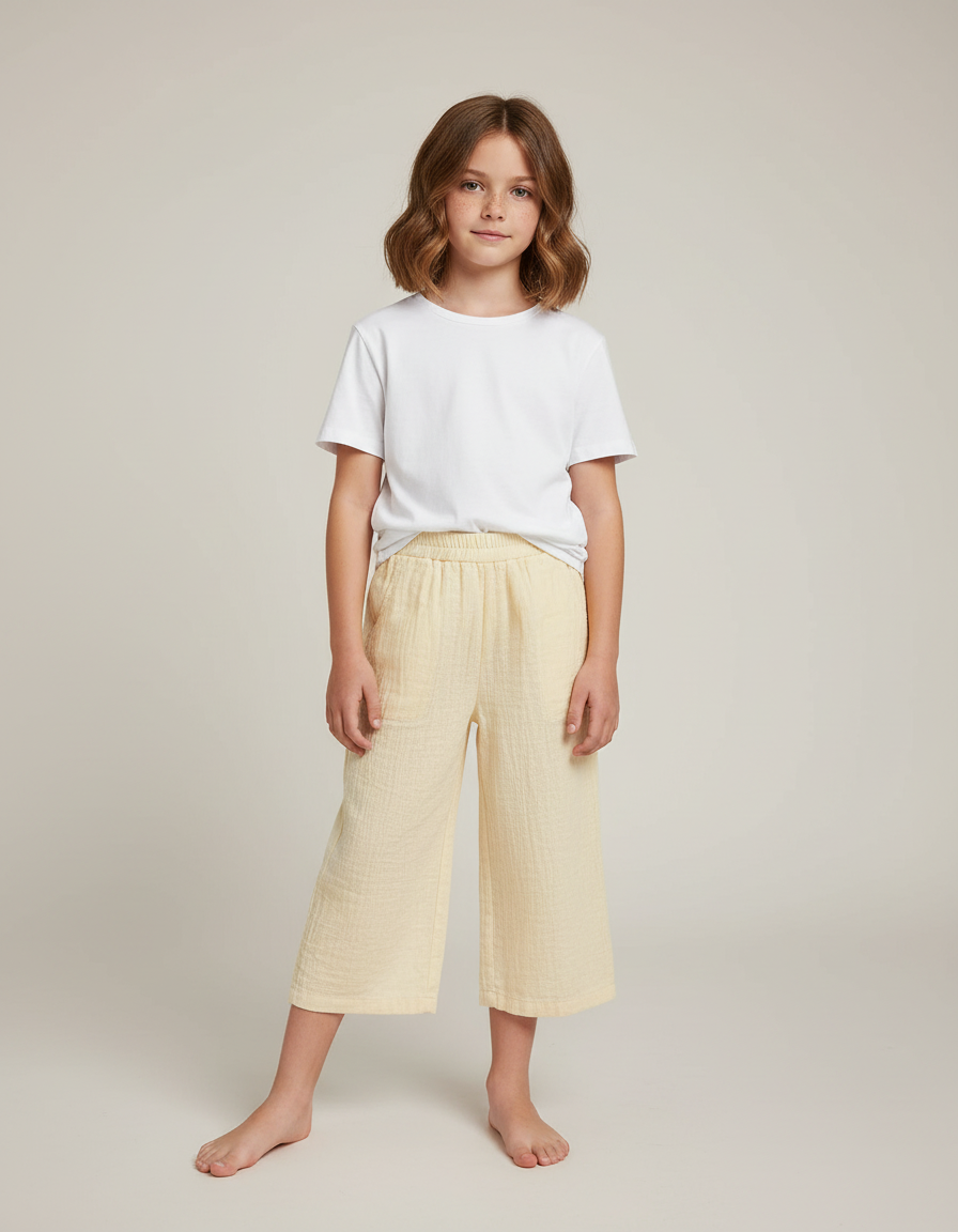 Pantalon Beige Coton Ample Enfant Court - Jaune