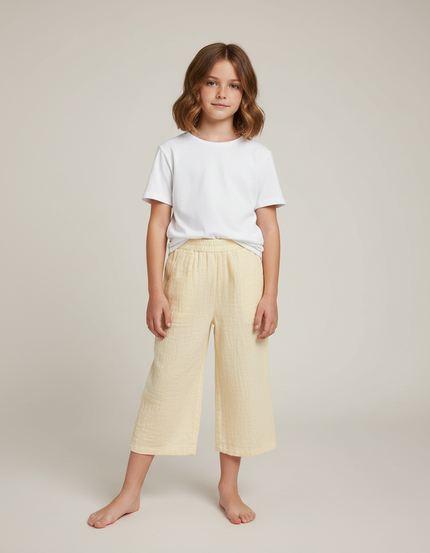Pantalon Beige Coton Ample Enfant Court - Jaune