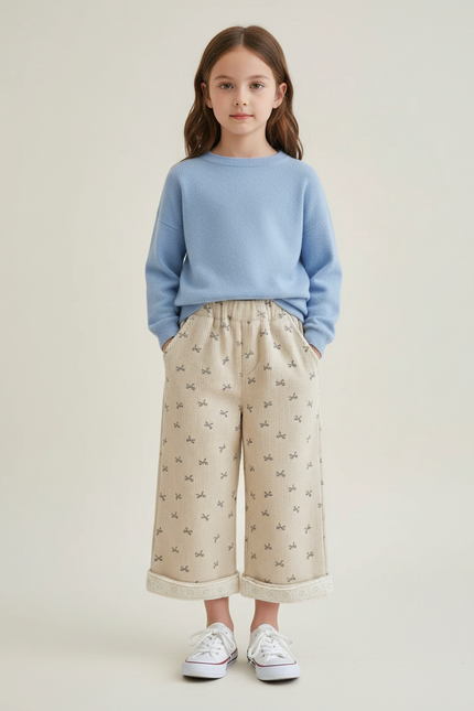 Pantalon Beige Côtelé Ample Motif Nœuds Fillette - Cordé