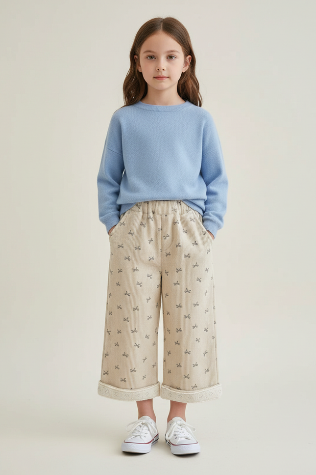 Pantalon Beige Côtelé Ample Motif Nœuds Fillette - Cordé