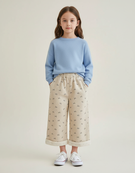 Pantalon Beige Côtelé Ample Motif Nœuds Fillette - Cordé