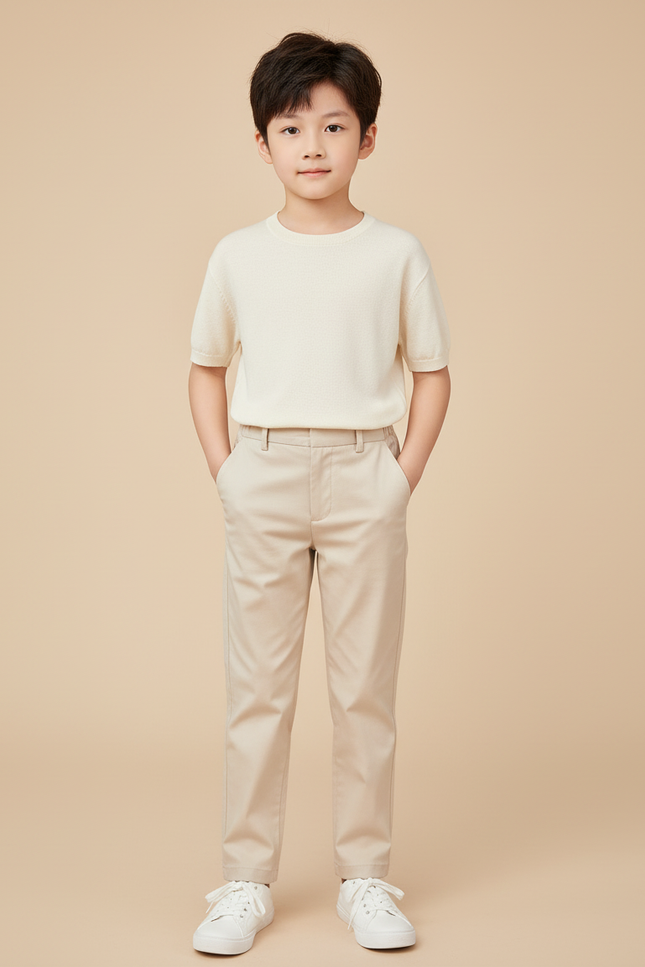 Pantalon Beige Droit Élégant Garçon Décontracté Coton - Gabardine