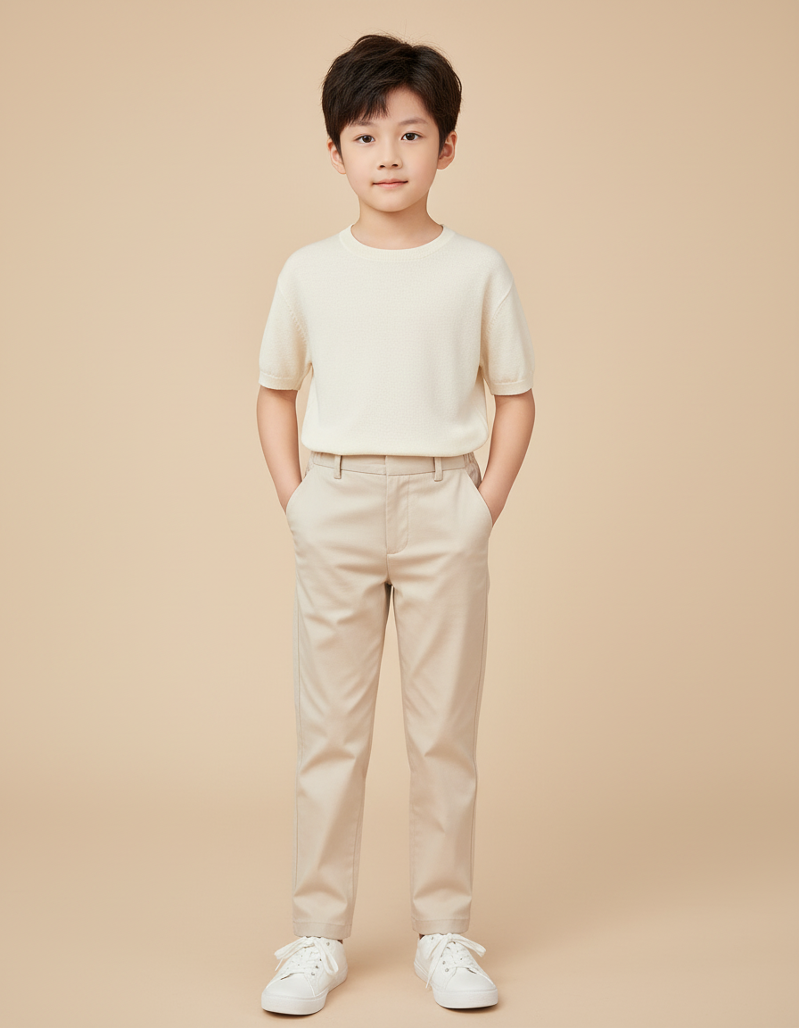Pantalon Beige Droit Élégant Garçon Décontracté Coton - Gabardine