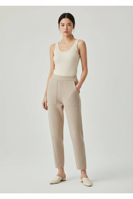 Pantalon Beige Tricoté Droit Ample Décontracté Femme - Maille