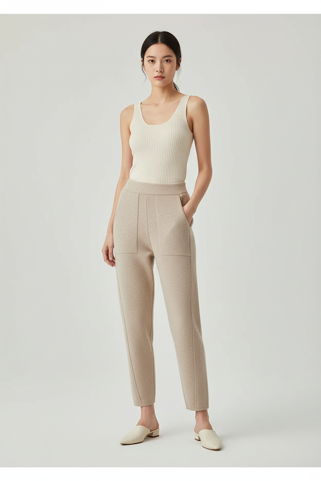 Pantalon Beige Tricoté Droit Ample Décontracté Femme - Maille