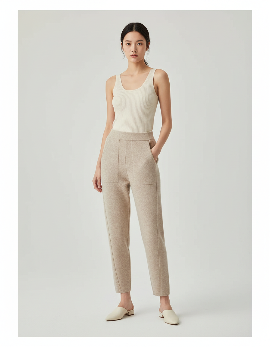 Pantalon Beige Tricoté Droit Ample Décontracté Femme - Maille