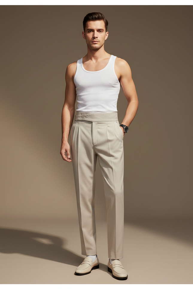 Pantalon Beige Plissé Taille Haute Droit Élégant - Gabardine