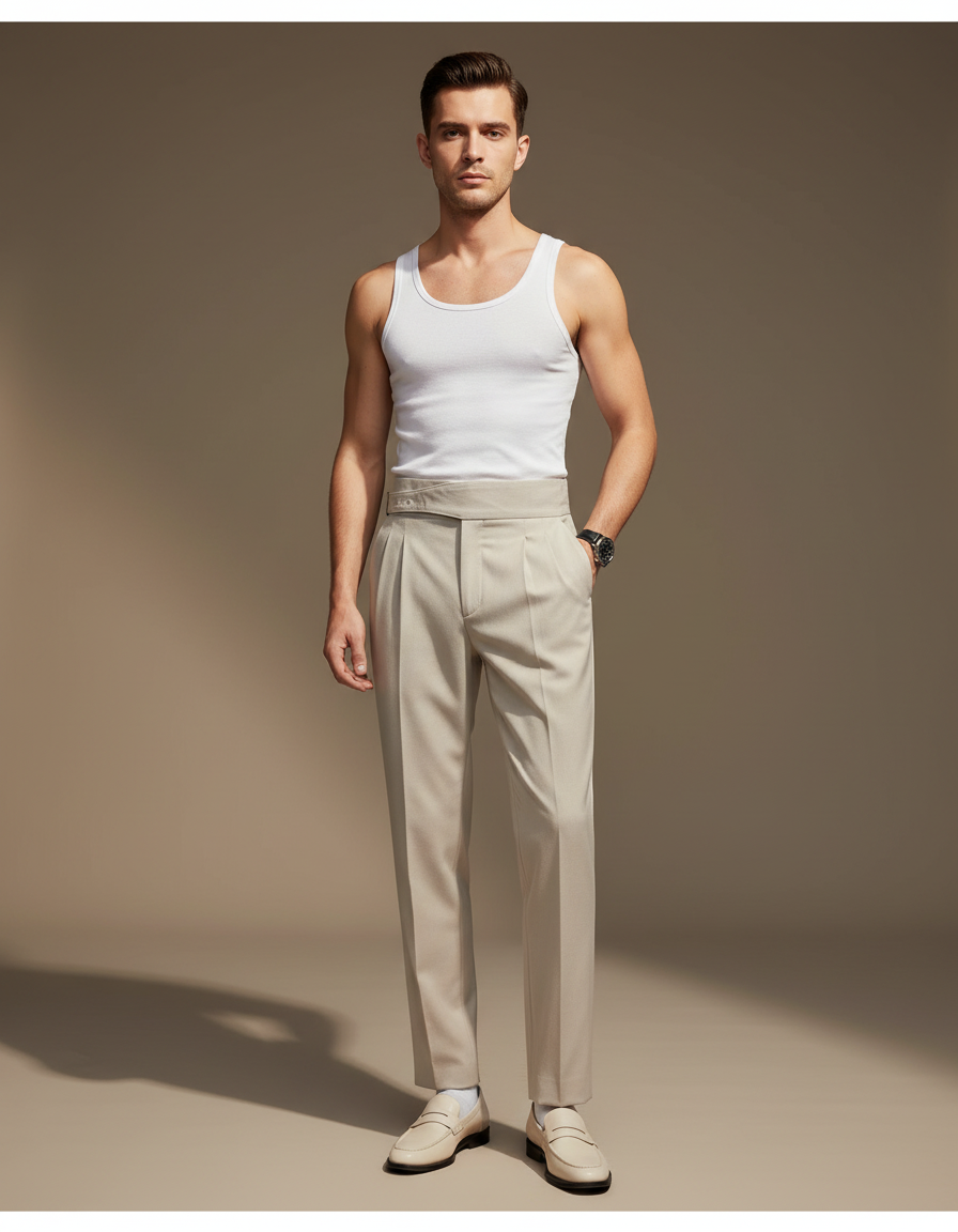 Pantalon Beige Plissé Taille Haute Droit Élégant - Gabardine