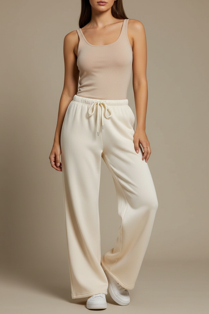 Pantalon Beige Ample Cordon Décontracté Femme Fluide - Molleton